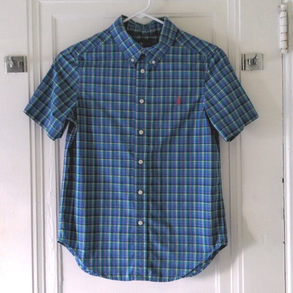 Ralph Lauren blue plaid short sleeve button down shirt